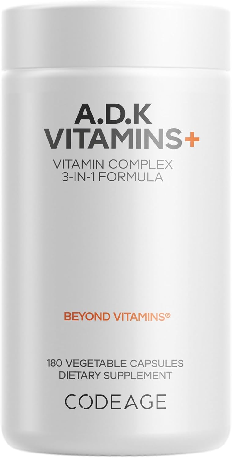 Codeage ADK Vitamins Supplement - Essential Vitamin A, D3 5000 IU, K1 & K2 (MK4 & MK7) - 6-Month Supply - 1 Capsule per Serving, Non-GMO, Gluten-Free - 180 Capsules