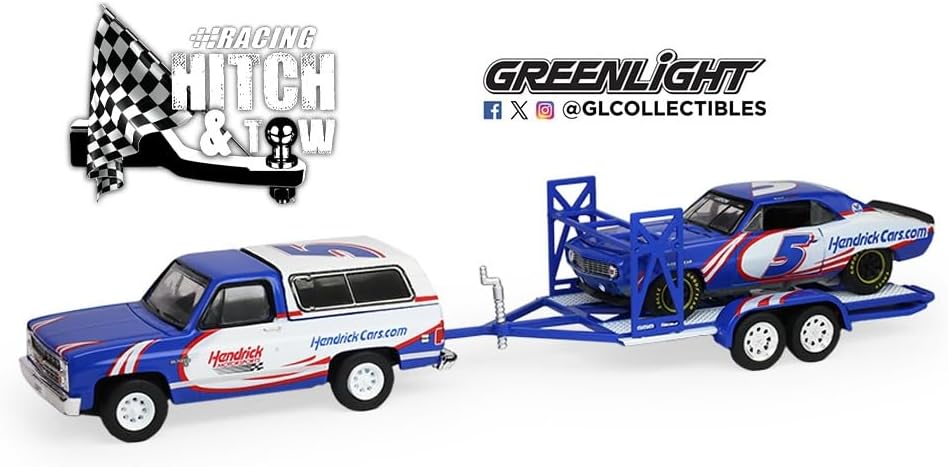 Greenlight Collectibles 1:64 Racing Hitch & Tow Series 6-1986 Chevy K5 Blazer Silverado and 1969 Camaro – Hendrick Motorsports – Kyle Larson #5 First Win Tribute on Tandem Car Trailer 31190-C