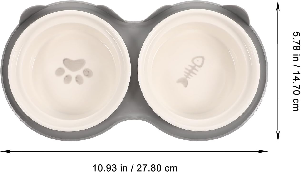 FAVOMOTO Ceramic Cat Feeding Bowl Set Elevated Tilted Double Bowls with Thick Gray Ceramic and Sturdy Stand for Whisker Relief Household Pet Feeding Supplies