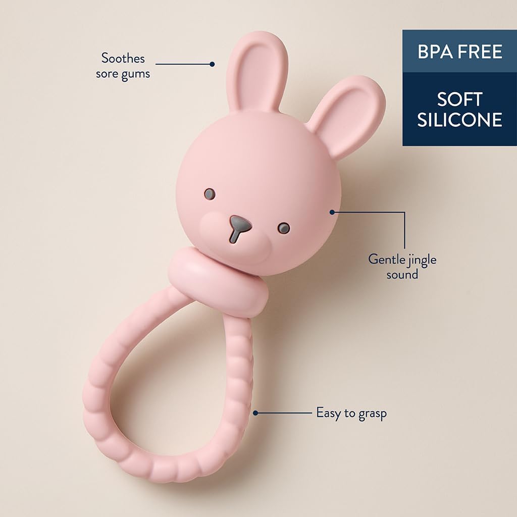 Itzy Ritzy Silicone Rattle Toy – Soothing Teething Toy with Soft Jingle Sound & Easy-Grip Textured Handle - for Ages 3 Months and Up (Bunny)