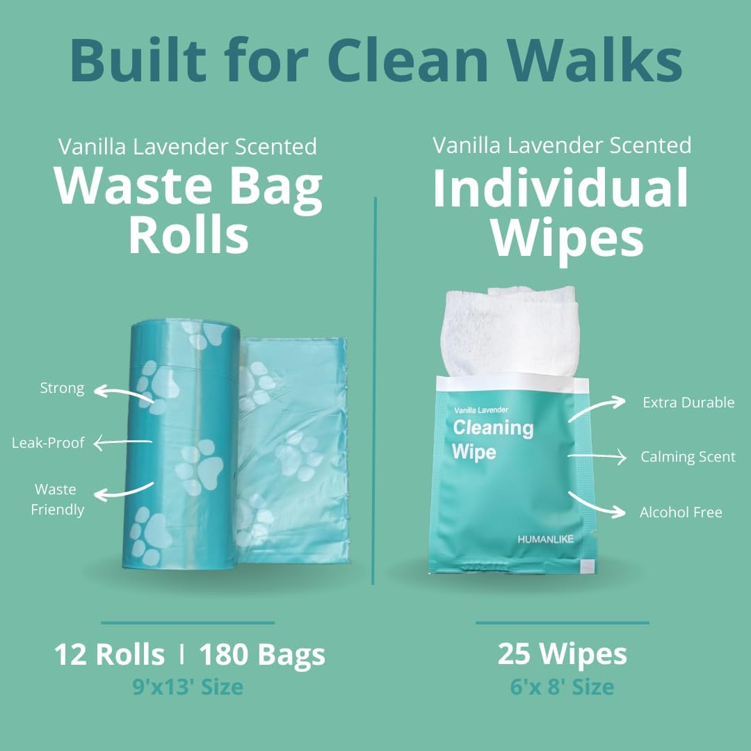 Dog Poop Bags and Wipes (2 in 1) - 180 Vanilla Lavender Scented Dog Waste Bags (12 Rolls) + 25 Individual Pet Wipes. Dog Walking Kit for Pet Owners, Cat Litter, Dog Leash, Pet Supplies, Puppy Pads.