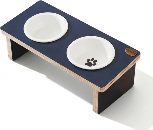 Elegant Raised Dog Bowl Stand with 2 Ceramic Bowls - Waterproof Multi-Layer Solid Wood Design for Small Dogs or Cats ，Anti-tip 3.9 lb Heavy-Duty Food Prep Station (11.8oz/1.5 Cup)