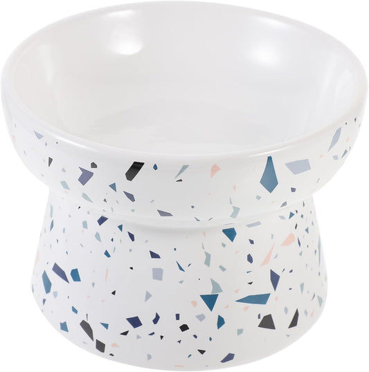 Elevated Ceramic Cat Bowl Raised Pet Food Dish with Neck Protection Slant Design Marble White Large for Indoor Cats and Dogs