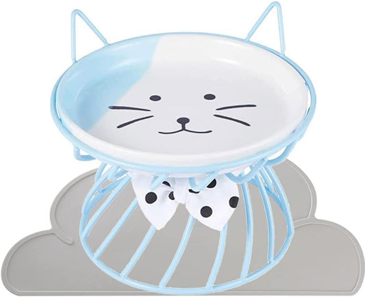 Raised Cat Food Bowls Ceramic Cat Bowl with Metal Stand Elevated Cat Feeding Bowl Cat Dish with Non-Slip Mat Pet Food Bowl for Cats and Small Dogs