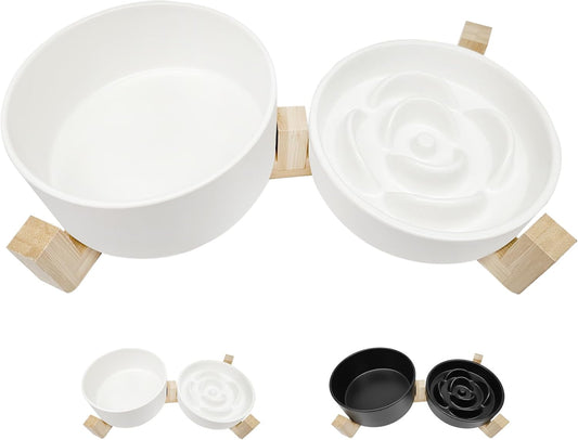 Ceramic Slow Feeder Dog Bowl Set-1 Cup Puzzle Dog Food Bowl & 850ML Water bowl with wooden stand for small dogs, Anti-Gulping,Anti-chewing,Anti-Slip,White