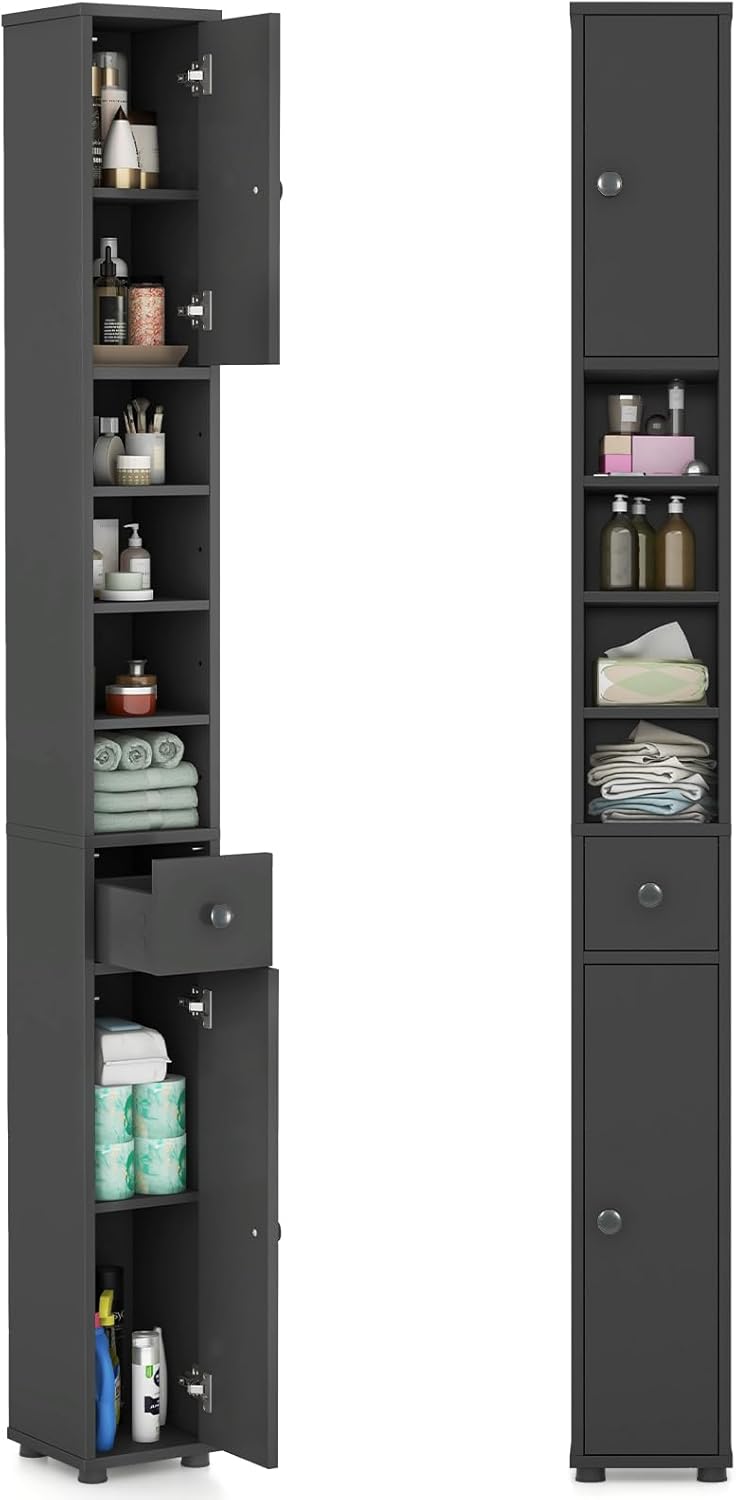 Tangkula Tall Slim Bathroom Storage Cabinet, 71" Freestanding Bathroom Cabinet w/ 2 Doors, 1 Drawer & 5 Adjustable Shelves, Floor Narrow Tower Cabinet for Small Spaces, 8" x 8" x 71" (Grey)