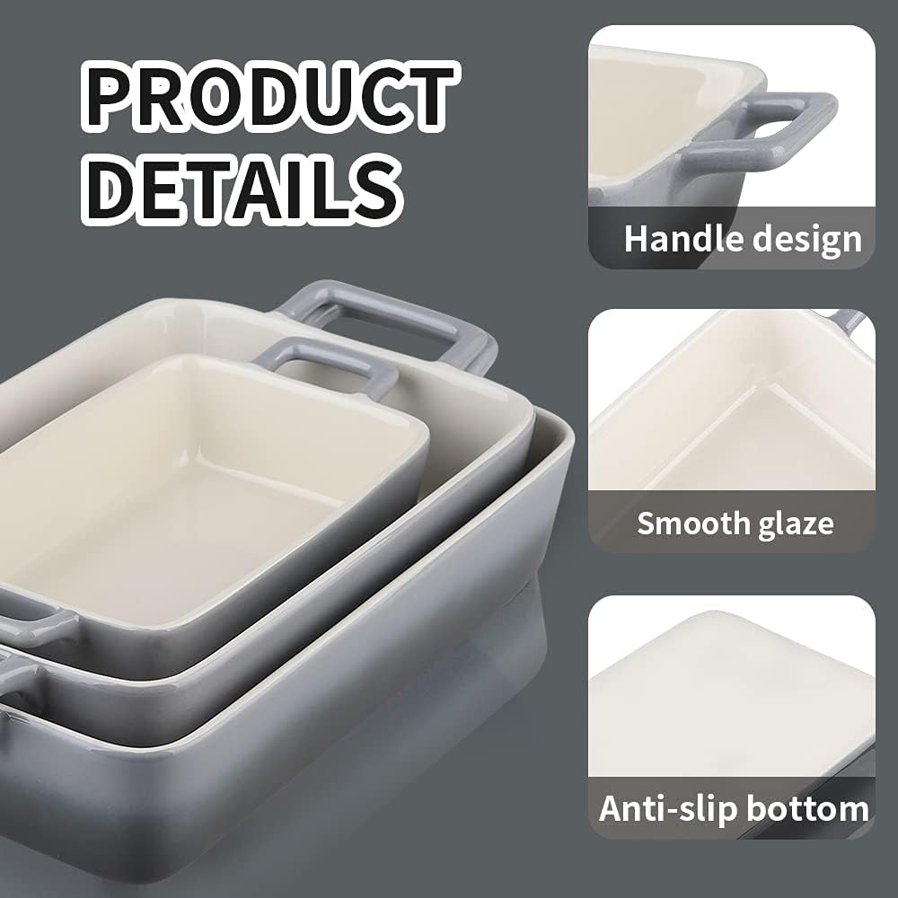 KOOV Bakeware Set, Ceramic Baking Dish, Rectangular Baking Pans for Cooking, Cake Dinner, Kitchen, Banquet and Daily Use, 12 x 8.5 Inches, 3-Piece (Gradient Gray)