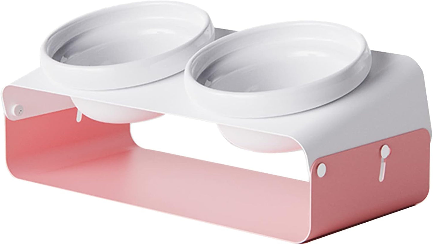 Elevated Cat Bowls Feeder - 16.9 oz Pet Food Water Ceramic Double Feeding Bowls with Non-Slip Tilted Raised Base for Kitten Puppy, Pink