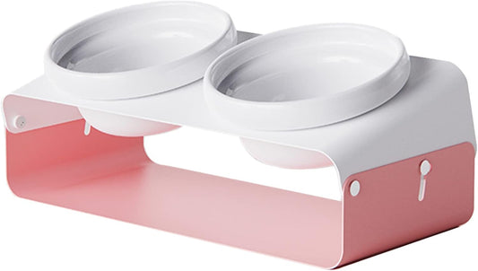 Elevated Cat Bowls Feeder - 16.9 oz Pet Food Water Ceramic Double Feeding Bowls with Non-Slip Tilted Raised Base for Kitten Puppy, Pink