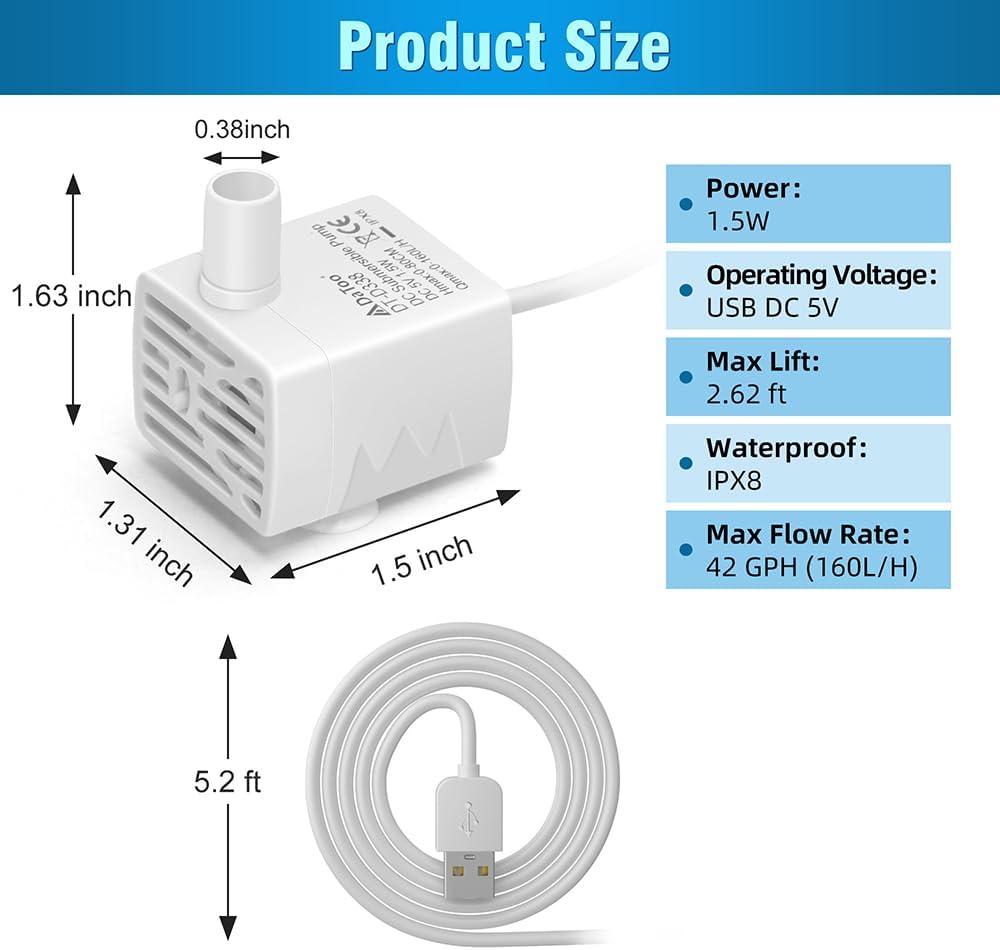 Cat Water Fountain Pump Ultra-Quiet USB 5V Submersible Pet Drinking Fountain Replacement Pump IPX8 Waterproof Cat Water Dispenser Pump
