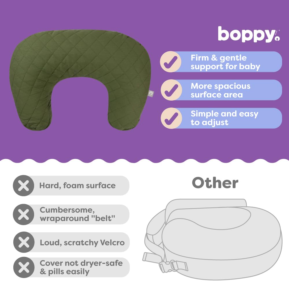 Boppy Nursing Pillow - Ergonomic Bottle & Breastfeeding Pillow with High, Firm, Large Area, Water-Repellent Cushion with Washable Cover; Baby Safety Alliance Verified - Quilted Moss