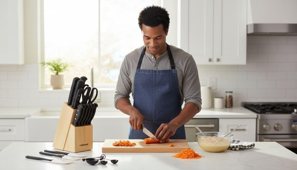 Farberware 22-Piece Never Needs Sharpening Triple Rivet High-Carbon Stainless Steel Knife Block and Kitchen Tool Set, Black, Durable AND Precision Cutlery