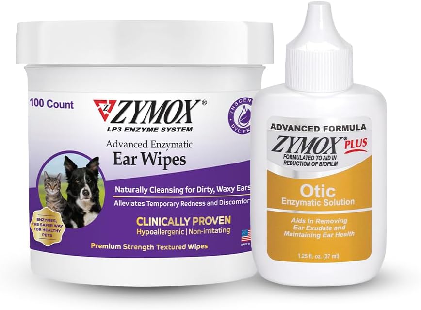 Zymox Enzymatic Ear Wipes and Otic Plus Advanced Hydrocortisone Free Ear Solution for Dogs and Cats - Product Bundle - for Dirty, Waxy, Smelly Ears and to Soothe Ear Infections