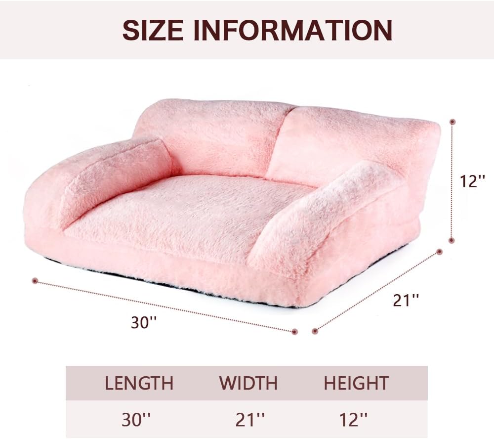 pawstrip Cat Couch Bed with Removable Cover Washable Pink Small Dog Bed Soft Plush Pet Sofa for Indoor Cats Cute Princess Puppy Cushion, Non-Slip Bottom (Pink, 30x21x12 inch)