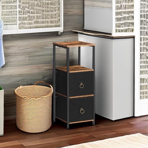 HOOBRO Corner Cabinet, 4-Tier Corner Shelf Stand with 2 Drawers,Bathroom Floor Cabinet, Narrow Storage Cabinet, for Bathroom, Living Room, Rustic Brown and Black BF87CW01