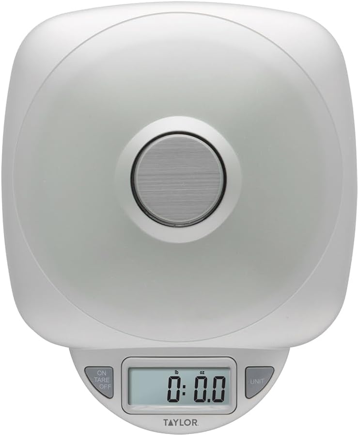 Taylor 11LB Capacity Digital Glass Top Kitchen Scale with LCD Display, Weight in Grams and Ounces for Baking, Cooking, and Meal Prep, Silver