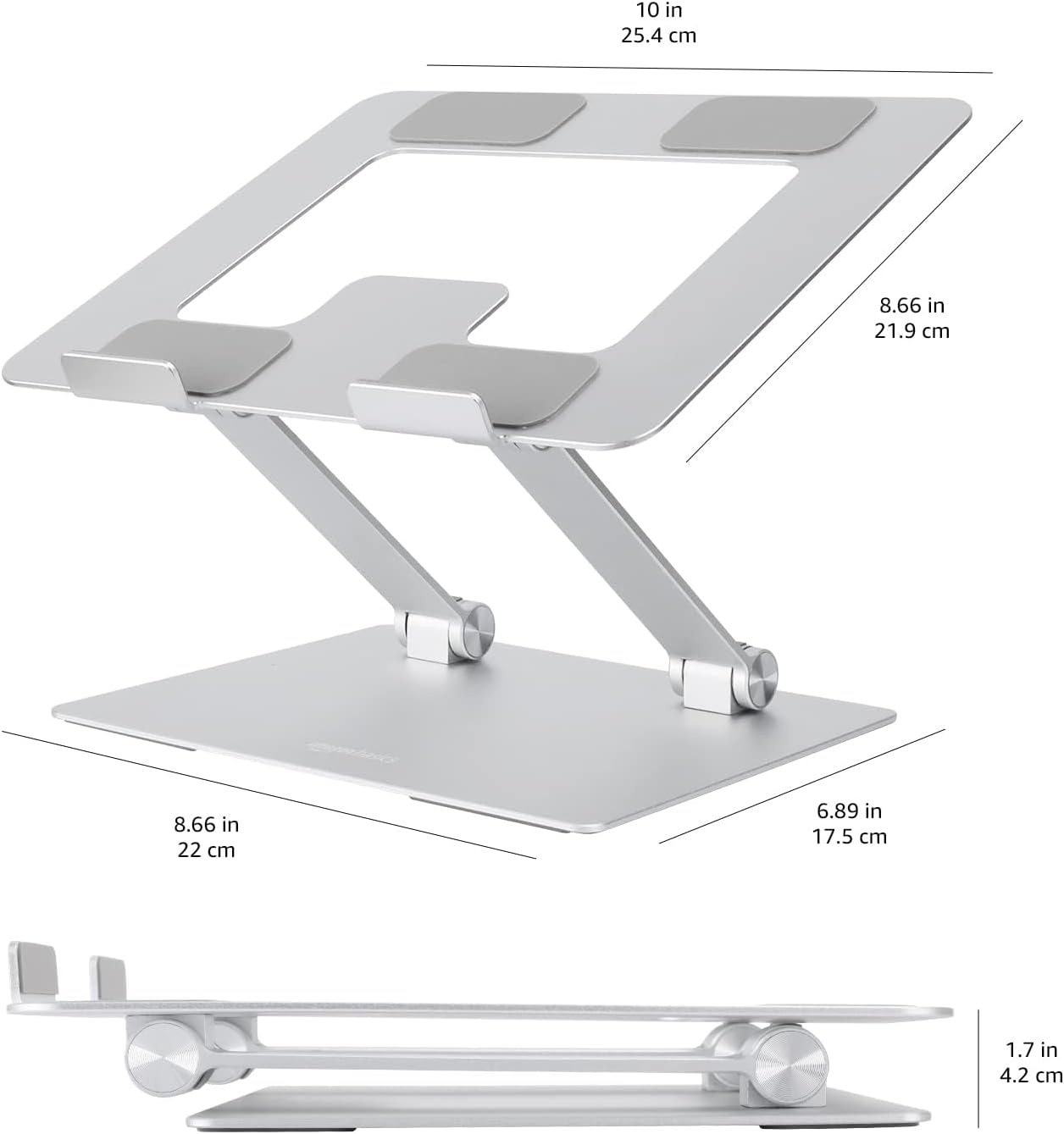 Amazon Basics Sturdy and Portable Ergonomic Laptop Stand for Desk, Height Adjustable Riser with Ventilated Cooling, Foldable, Fits all Laptops up to 17.3 Inch, Silver, 10 x 8.7 x 6 in