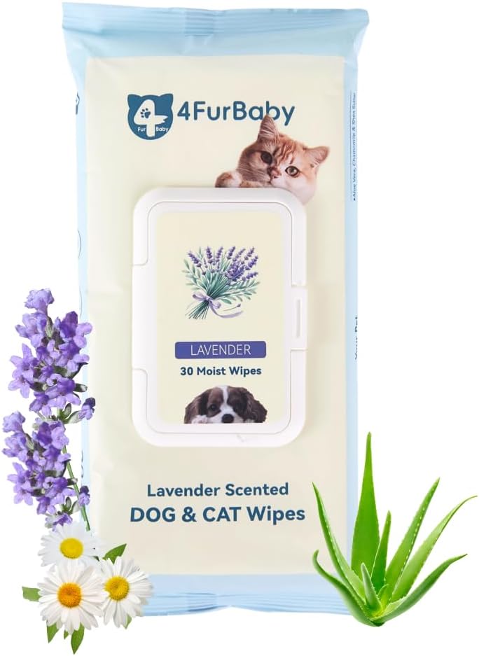 Dog-Wipes-for Paws and Butt - 30 Count, 8" x 8" Hypoallergenic, Hydrating Pet Grooming Wipes for Dogs Cats Cleaning Deodorizing (Lavender, 30 Count