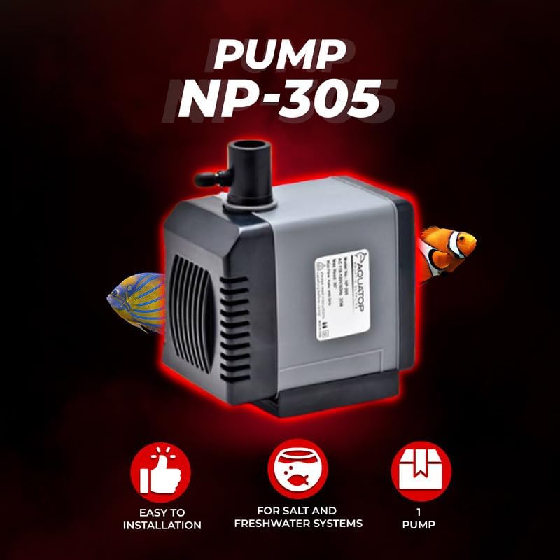 AQUATOP NP-305 Submersible Water Pump – 317 GPH Adjustable Flow – Compact Aquarium Pump for Fresh or Saltwater Tanks, Ponds & Fountains – Quiet, Powerful Design