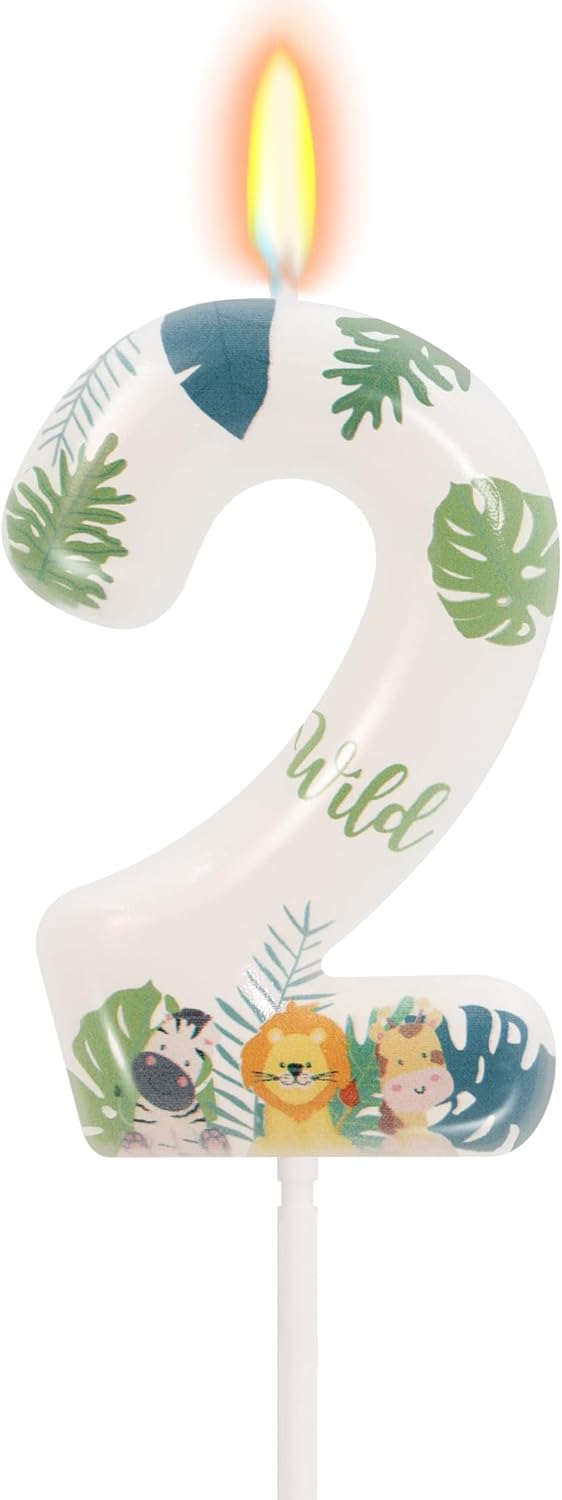 Wild Animal Number 2 Candle for Boys Girls, Wild Two Birthday Decorations, 2nd Birthday Decorations for Boy Girl, Jungle Safari Theme Party Supplies