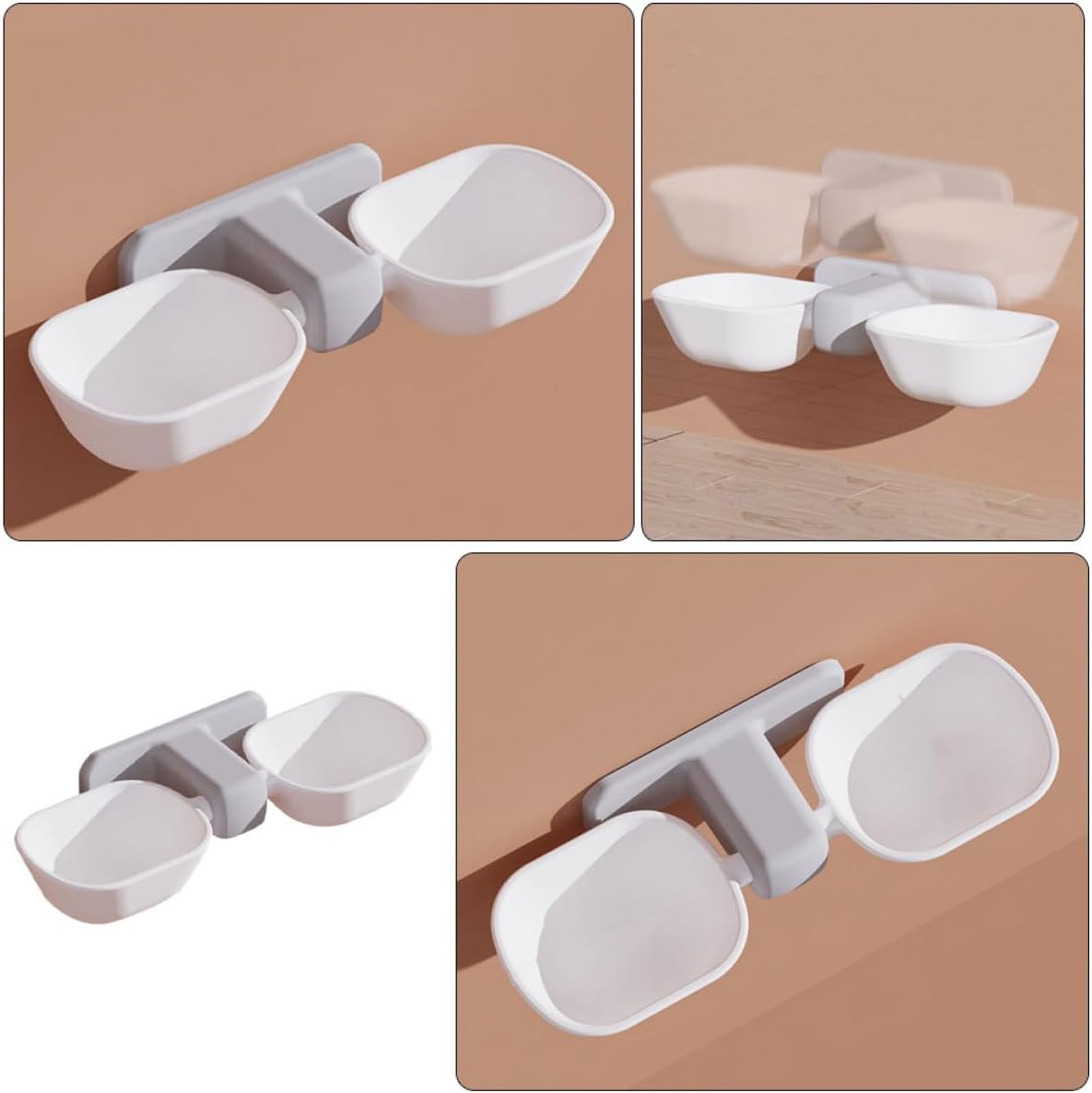 Wall-Mounted Pet Feeder Double Bowl, White Cat Feeding Bowl with Neck Protection, Space-Saving Wall Mount Design for Indoor Cats and Small Dogs, Includes Adhesive
