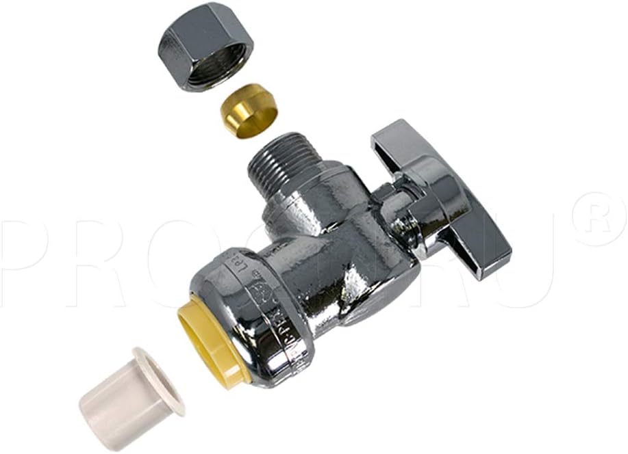 [10-Pack] PROCURU PushFit Angle Stop Valve 1/2" Push x 3/8" OD Comp, Quarter-Turn Push-to-Connect Brass Shutoff Valve for Copper, PEX, CPVC, PE-RT, HDPE Pipes, LF Certified Safe (8X8012-11T)