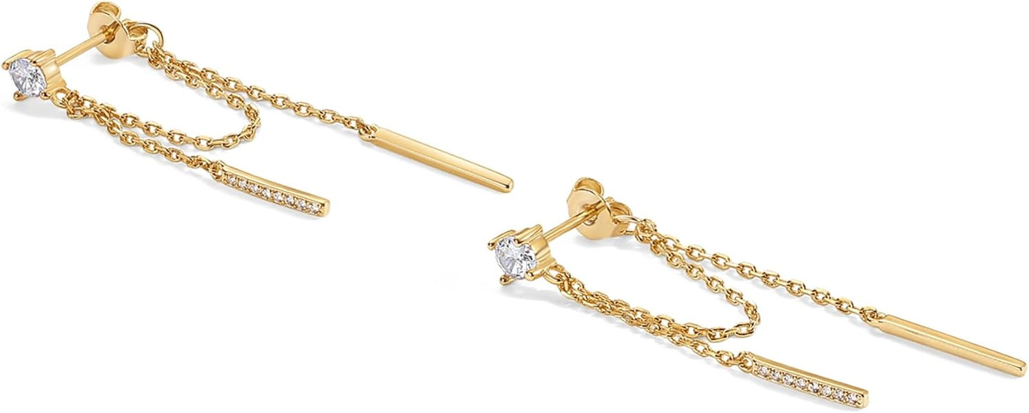 PAVOI 18K Gold Plated 925 Sterling Silver Posts Drop Dangle Chain Earrings for Women | Dangling Chain Studs | Cubic Zirconia Ball Threader Earscapes Earrings