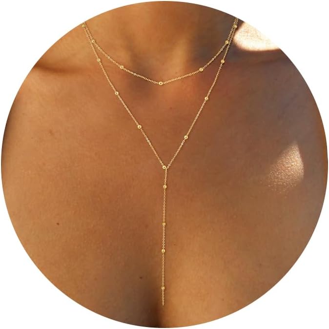 Foxgirl Lariat Gold Necklace for Women, Dainty Long Necklace 14k Gold Plated/Silver Y-Shaped Pendant Necklace Trendy Layered Cz Beaded Chain Drop Necklaces Simple Gold Jewelry For Women Gift