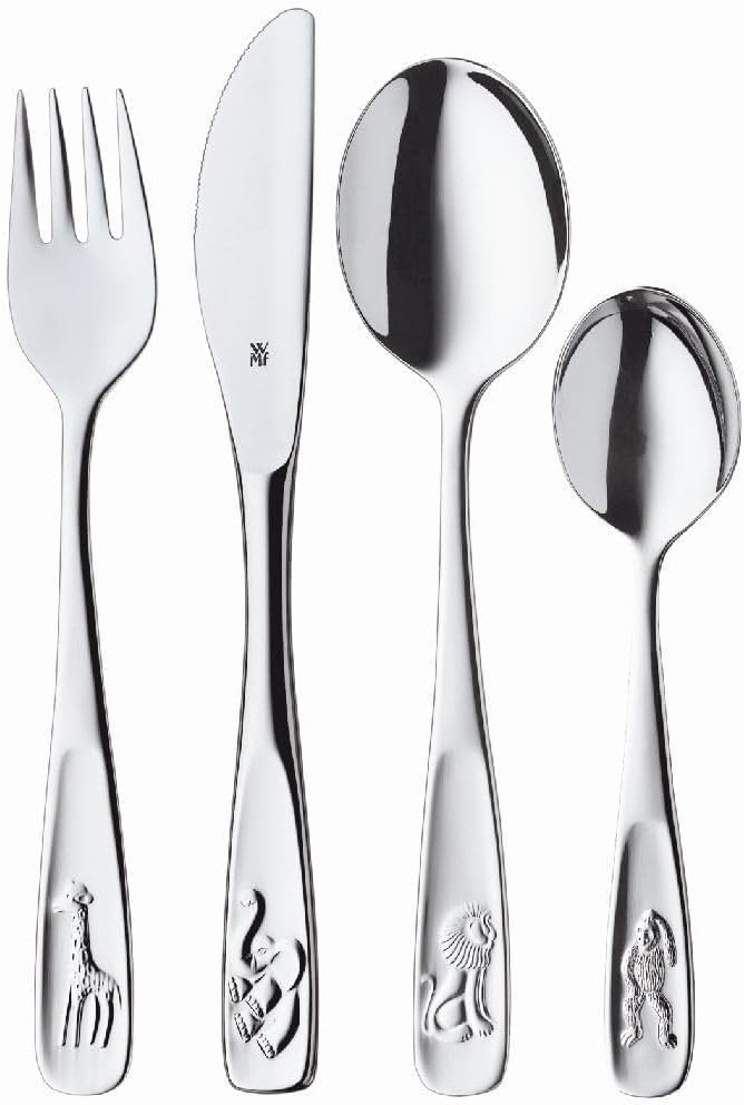 WMF Animals Children's Cutlery, 4-Piece, from 3 Years, Cromargan Polished Stainless Steel, Dishwasher-Safe in a Gift Box with General Illustration
