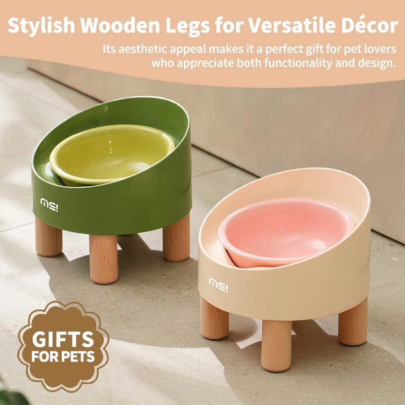 MS!MAKE SURE Ceramic Elevated Cat Bowls with Wooden Stand Set, Adjustable Raised Pet Bowls for Small Dogs & Cats, Anti - Slip Rubber Pad, Leak - Proof, Lead & Cadmium Free, Whisker - Friendly, Pink