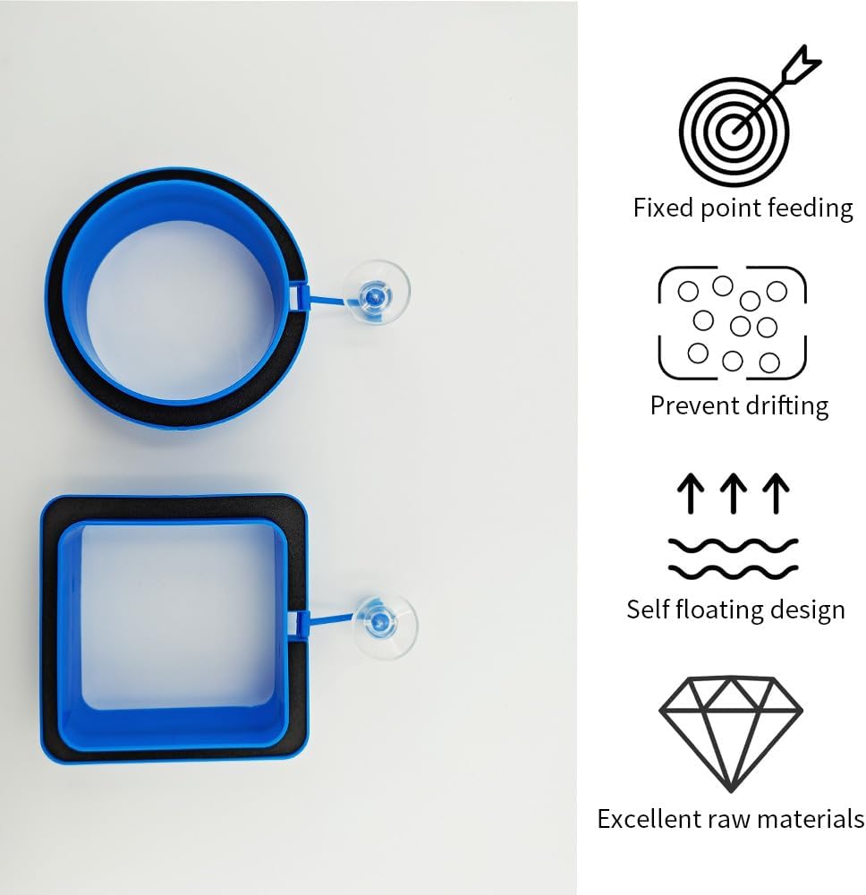 2Pcs Thicken Fish Feeding Rings Blue Mixed Shape Floating Food Feeder Circle with Suction Cup for Fishes Tank Aquarium Turtle Betta Goldfish Small Fish Feeding Accessories Duckweed Ring