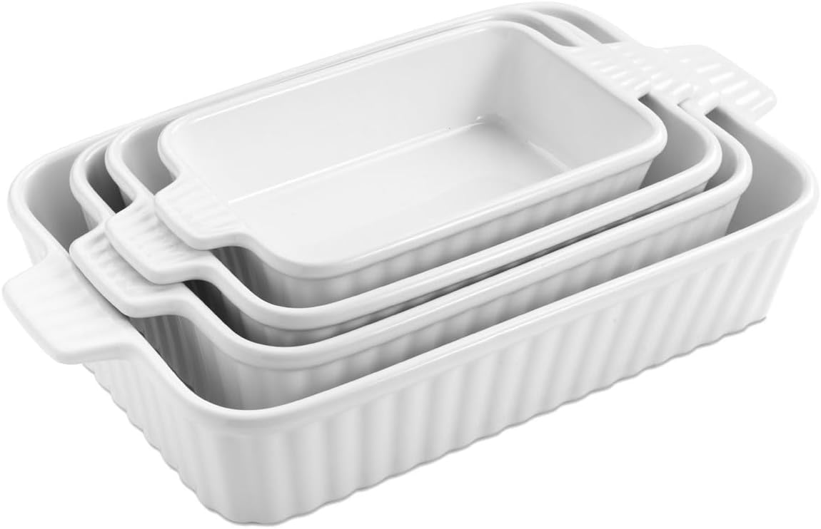Ceramic Casserole Dishes Set of 4, Baking Dishes for Oven, Rectangular Lasagna Pan Deep with Handles, White Porcelain Bakeware (15''/12.4''/11''/9.6''), Microwave Safe