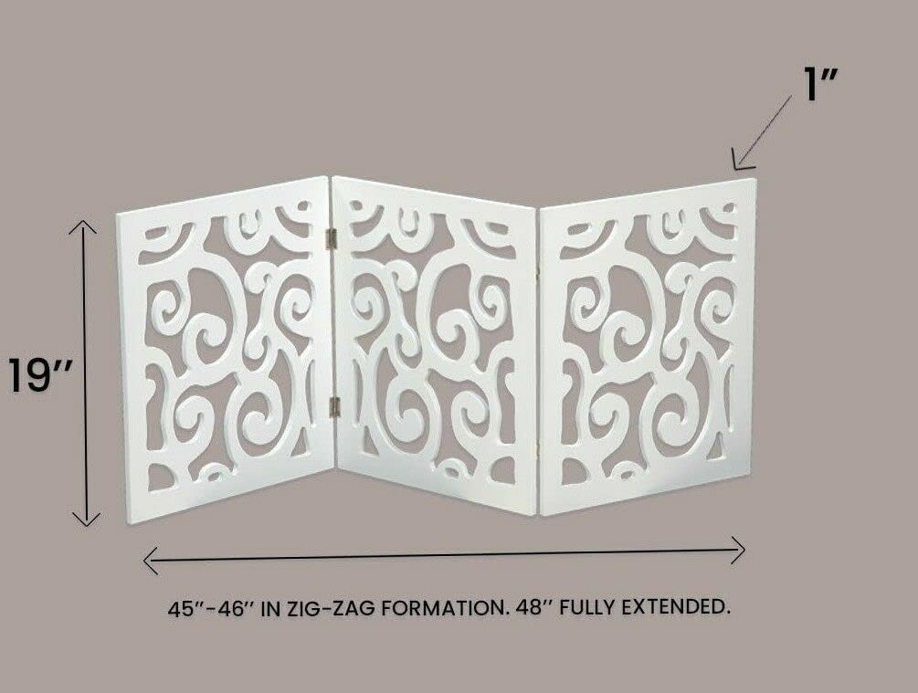 Safety Pet Gate for Dogs – Free-Standing & Foldable - Decorative Scroll Wooden Fence Barrier – Stairs & Doorways (White)