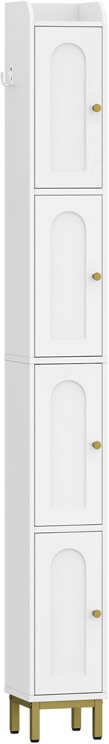 4-Tier Narrow Tall Storage Cabinet, Slim Bathroom Storage Cabinet with 4 Adjustable Feet and Shelves, Bathroom Organization for Small Space, Kitchen, Living Room, Laundry Room White BC42213G