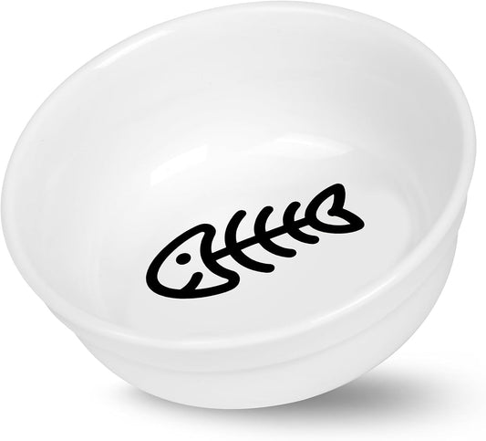 COMESOON 5" Ceramic Cat Bowl with Fish Bone Pattern, Cat Food Bowl for Food and Water, Healthy Cat Dishes for Indoor Cats and Small Dog, Dishwasher Safe & Microwaveable - White