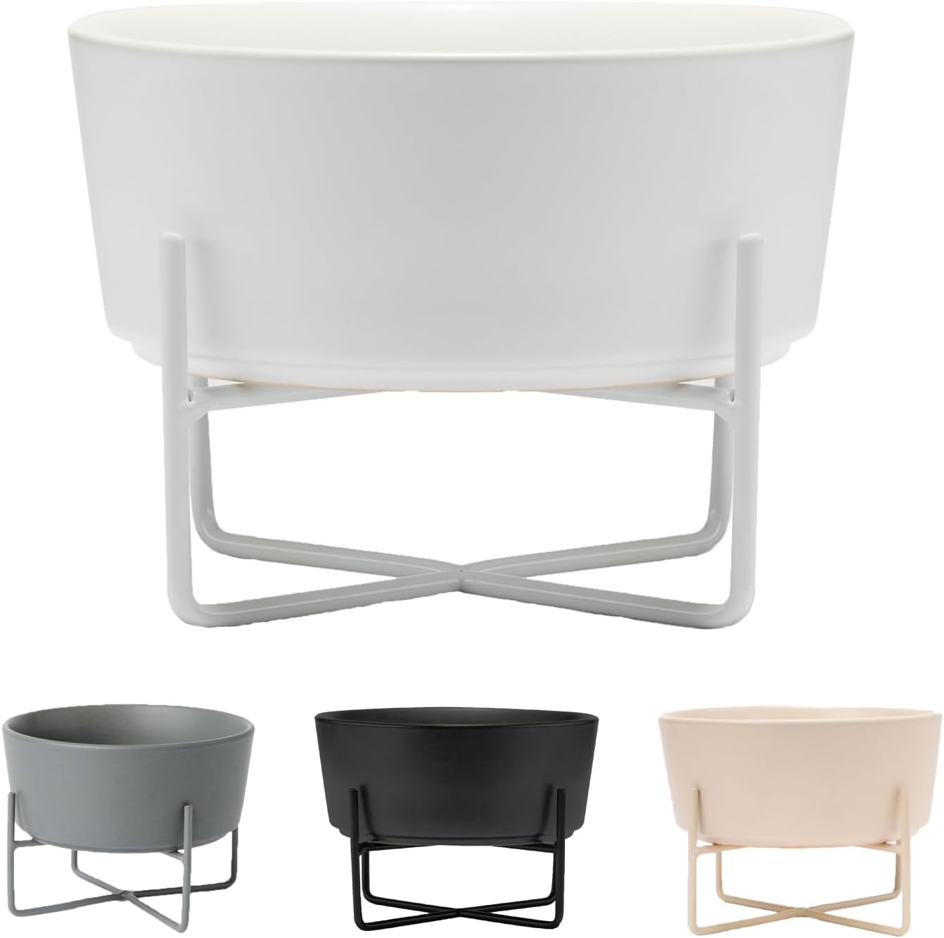 Waggo Simple Solid Dog Bowl with Iron Stand – Elevated Ceramic Feeder or Water Bowl for Small or Large Dogs (Large, Matte White)