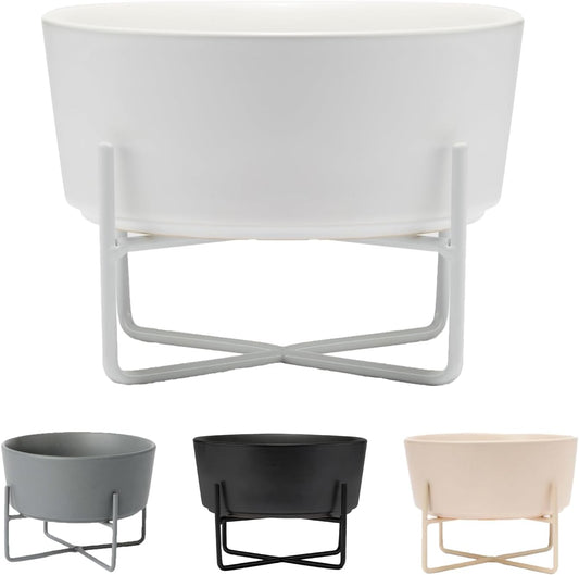 Waggo Simple Solid Dog Bowl with Iron Stand – Elevated Ceramic Feeder or Water Bowl for Small or Large Dogs (Large, Matte White)