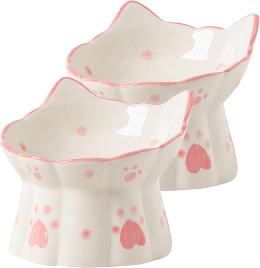 Milisten 2pcs Elevated Cat Feeding Bowls Ceramic Raised Bowls with Neck Protection Tilted Design Anti-Spill Pet Food and Water Dishes for Cats