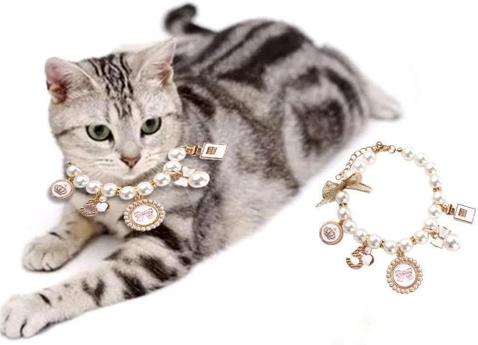 Dog Pearl Collars Princess Bow Necklace Pet Necklace DogCute Collar Puppy Accessories Cat Jewelry Neck Strap for Dog Cat (M)