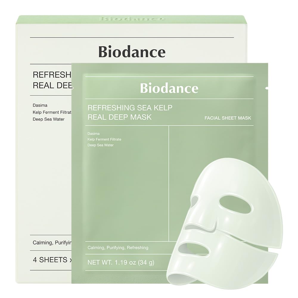 BIODANCE Refreshing Sea kelp Real Deep Mask, Overnight Hydrogel Face Mask, Calming, Oil & Sebum Control, Blemish Care, After Sun Care, Sunburn Relief, Korean Skin Care | 1.19oz(34g) x 4ea