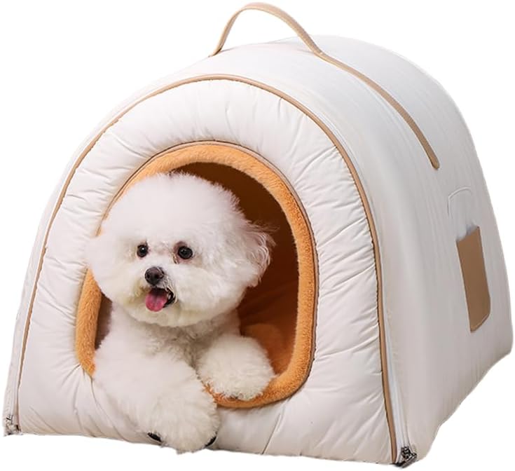 Pet Bed with Removable Cover Dog House Square Design Suitable for Dogs up to 16 lbs and Cats up to 22 lbs (Khaki, Medium)