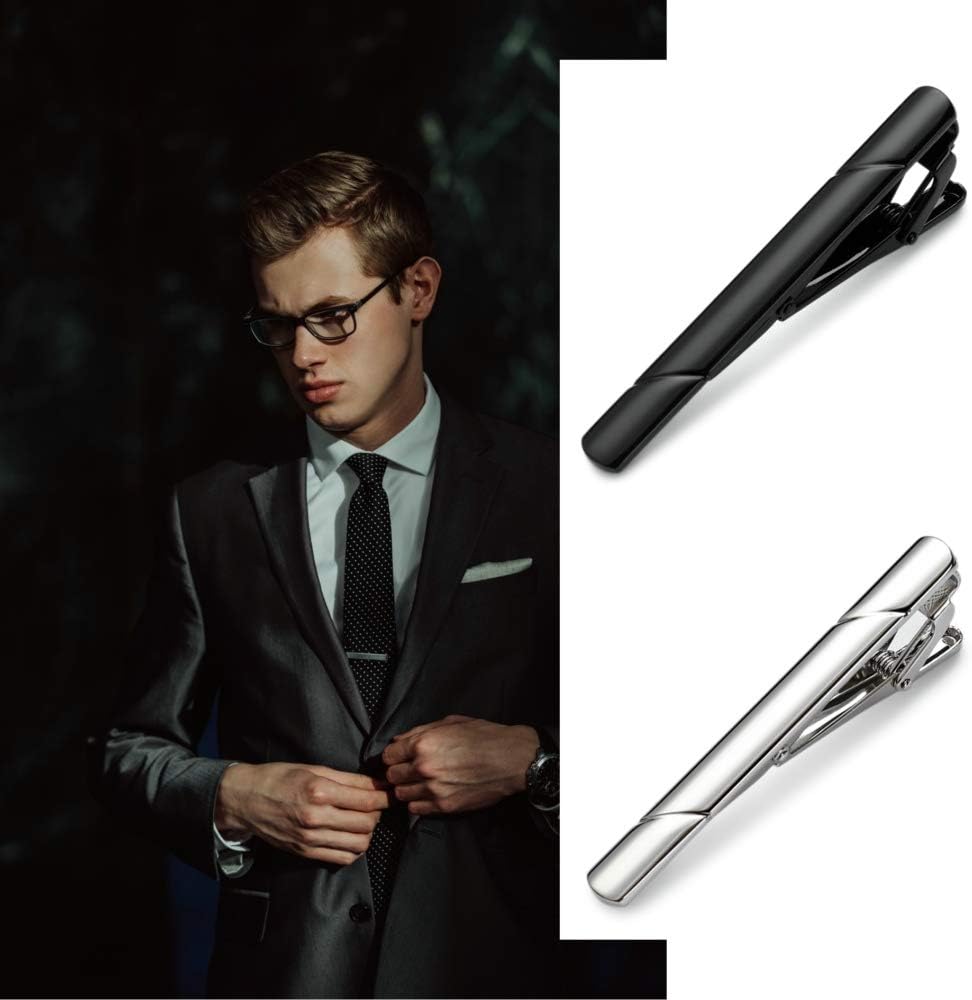 MOZETO Tie Clips for Men, Black Gold Blue Silver Tie Bar Set for Regular Ties, Luxury Box Gift Ideas