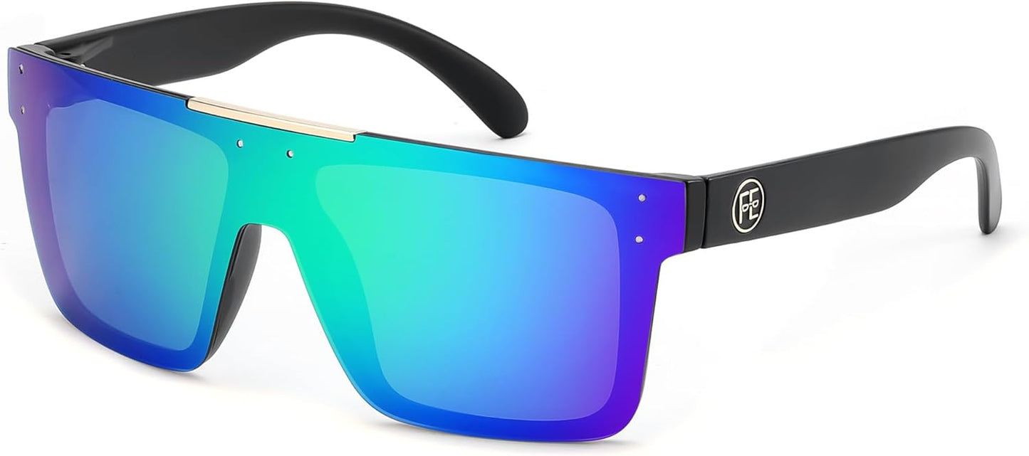 FEISEDY Polarized Sunglasses for Men, Oversized Square Flat Mirrored Z87 Lens, Fishing Driving Golf Outdoors Coastal B2990
