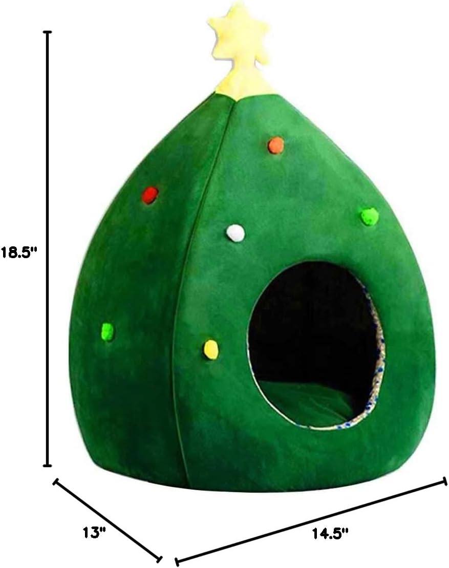 Christmas Cat Beds, Christmas Tree Cat Beds House, Portable Indoor Cat Igloo Xmas Bed Cave for Small Dogs and Small Animals, Green