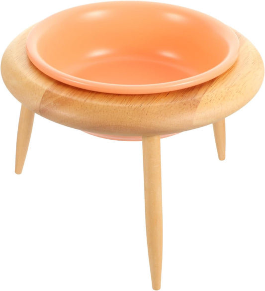 Milisten Ceramic Cat Food Bowl with Oak Stand 600ml Raised Pet Feeding Bowl Neck Protection Elevated Cat and Dog Feeder for Home Use