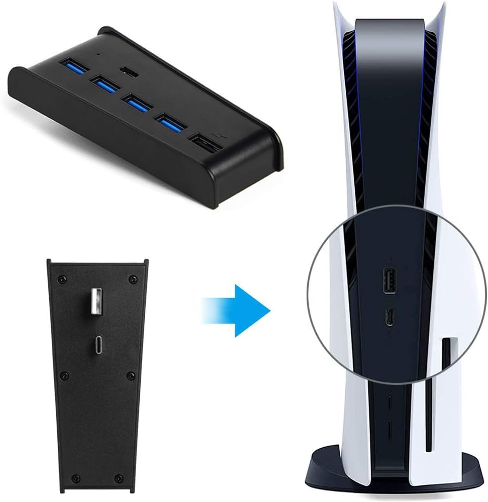 Megadream 6 Port USB Hub for PS5 Accessories, High-Speed Expansion Hub Charger Splitter Adapter with 4 USB-A 2.0 + 1 Charging Port + 1 Type C Port, Compatible with PlayStation 5 Console Front Jacks