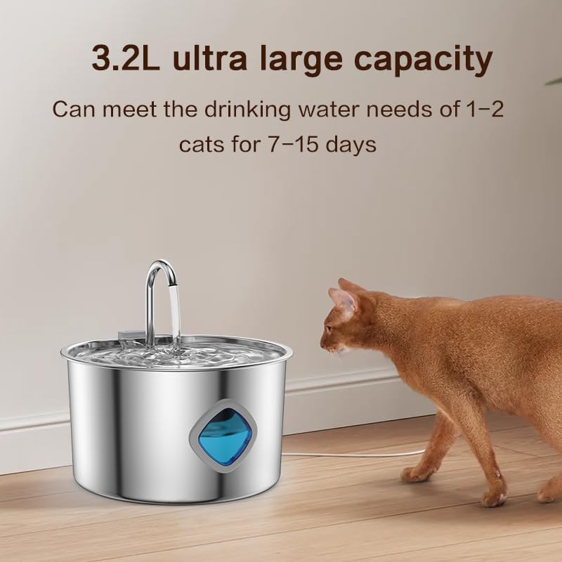 Cat Water Fountain Stainless Steel, 108oz/3.2L Automatic Pet Fountain with Multi-Filtration System, Ultra-Quiet Pump (<25dB), Water Level Window & Easy Clean
