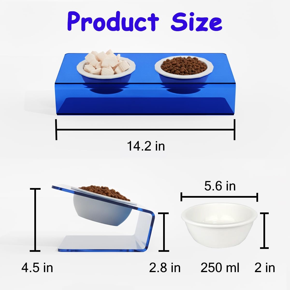 Elevated Cat Bowls Set for Indoor Cats, Blue Acrylic Stand with 2 Ceramic Bowls for Food and Water, 15° Tilted Design for Anti-Vomiting & Ant Proof