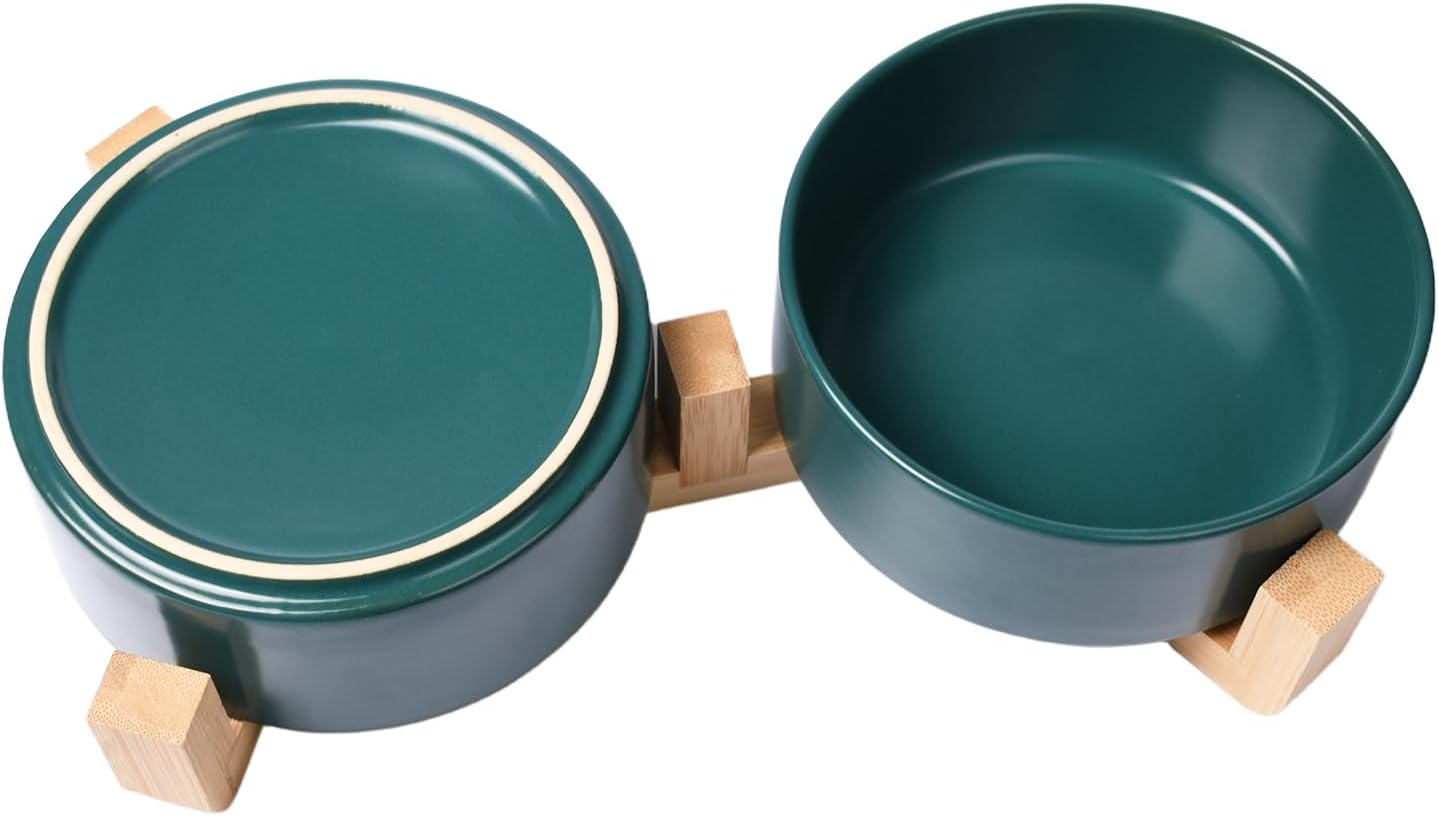 Elevated Ceramic Cat Bowl, Dog Bowl, 400 ml/13.5 oz Pet Food Bowls with Wood Stand Anti-Slip Design for Cat Dog