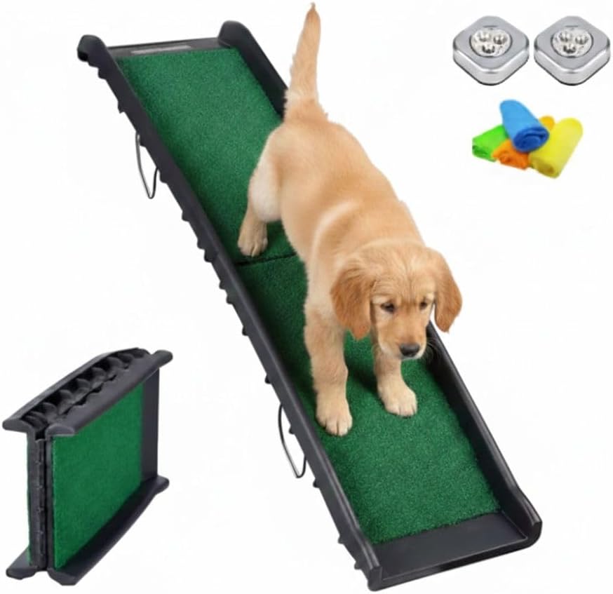 Dog Ramp for Car & SUV with Poly Grass Non-Slip Surface – Lightweight & Foldable Pet Ramp for Dogs, Includes 4 Towels & 2 LED Lights, Safe for Cars, Trucks, Beds, Couches & Stairs